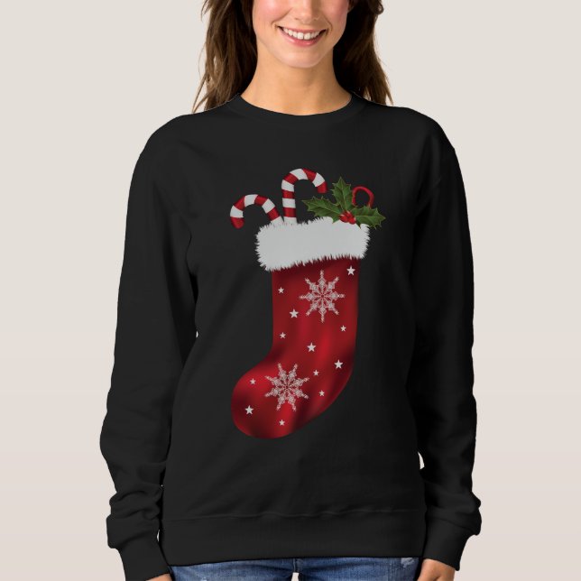 Red Christmas Stocking With Candy Canes And Holly Sweatshirt (Front)