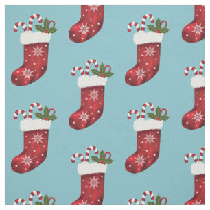 Red Christmas Stocking With Candy Canes On Blue Fabric