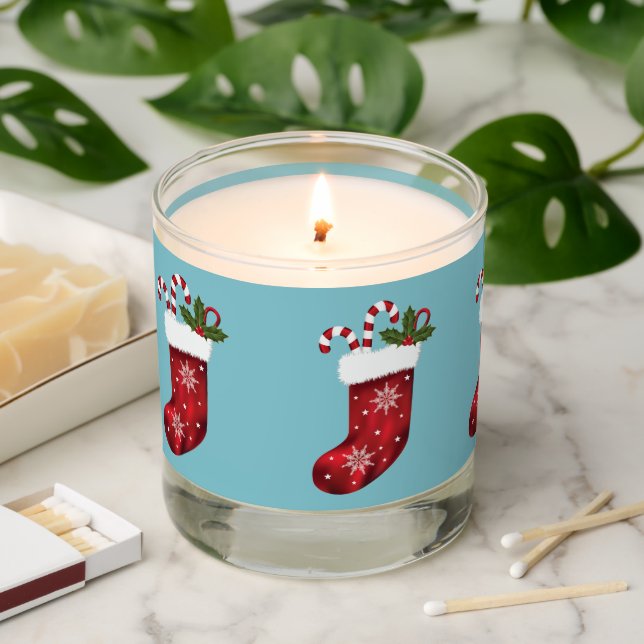 Red Christmas Stocking With Candy Canes On Blue Scented Candle (Lit)
