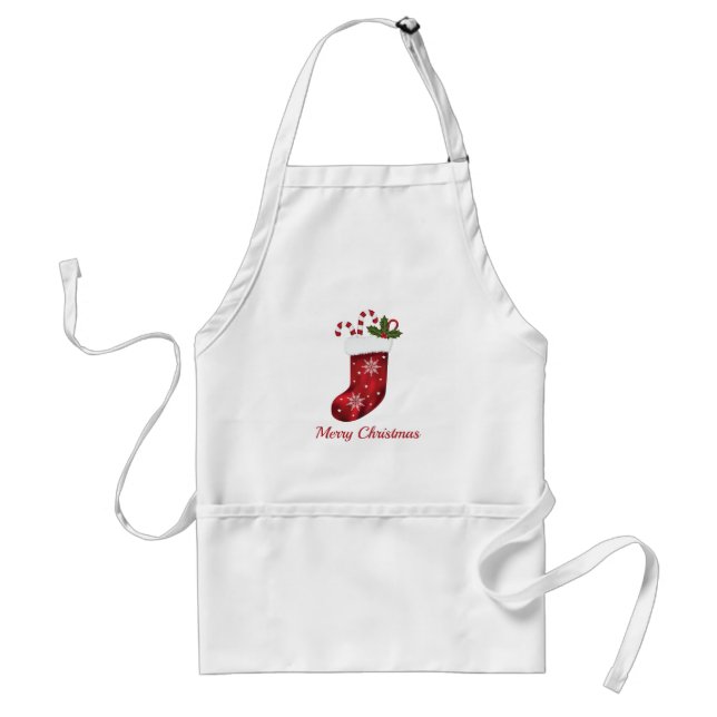 Red Christmas Stocking With Merry Christmas Text Adult Apron (Front)