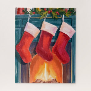 Red Christmas Stockings Fireplace Watercolor Jigsaw Puzzle