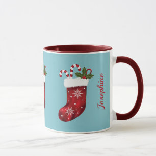 Red Christmas Stockings On Blue With Custom Name Mug