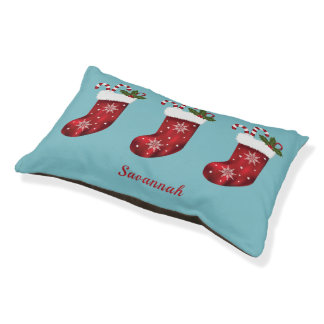 Red Christmas Stockings On Blue With Custom Name Pet Bed