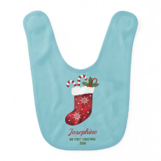 Red Christmas Stockings On Blue With Custom Text Baby Bib