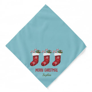 Red Christmas Stockings On Blue With Custom Text Bandana