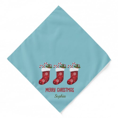 Red Christmas Stockings On Blue With Custom Text Bandana