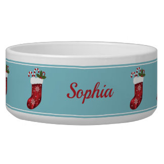 Red Christmas Stockings On Blue With Custom Text Bowl