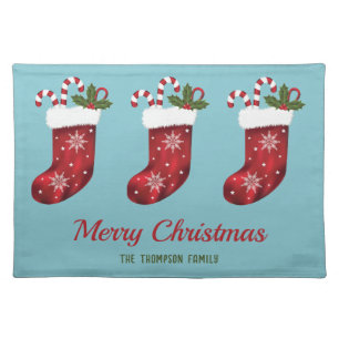 Red Christmas Stockings On Blue With Custom Text Cloth Placemat