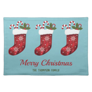 Red Christmas Stockings On Blue With Custom Text Cloth Placemat