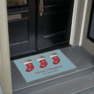 Red Christmas Stockings On Blue With Custom Text Doormat