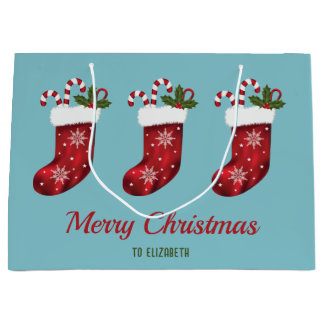 Red Christmas Stockings On Blue With Custom Text Large Gift Bag
