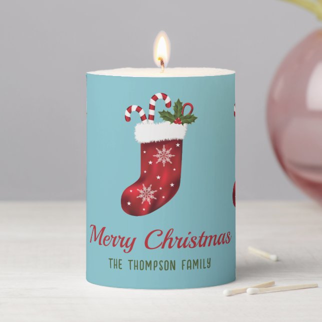 Red Christmas Stockings On Blue With Custom Text Pillar Candle (In Situ)