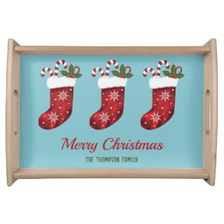 Red Christmas Stockings On Blue With Custom Text Serving Tray