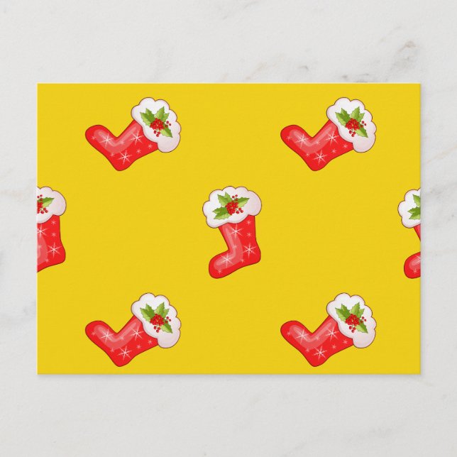 Red Christmas Stockings on Yellow Holiday Postcard (Front)