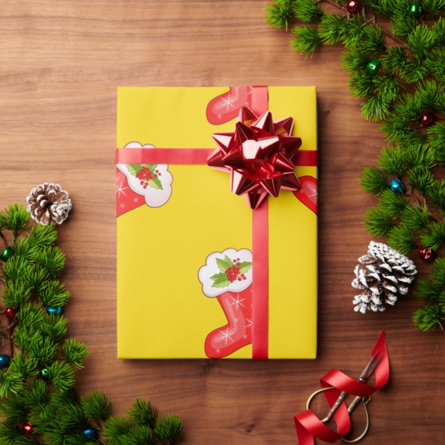 Red Christmas Stockings on Yellow Wrapping Paper (Creator Uploaded)