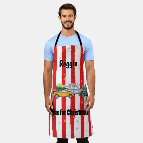 Red Christmas Striped Design with Cars and Trees Apron