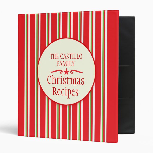 Red Christmas striped family recipe binder (Front/Inside)