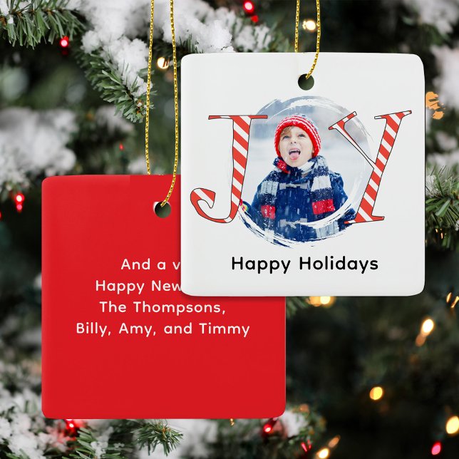 Red Christmas Stripes Photo Joy Typography Ceramic Ornament (Joy typography Christmas Photo Ornaments. )