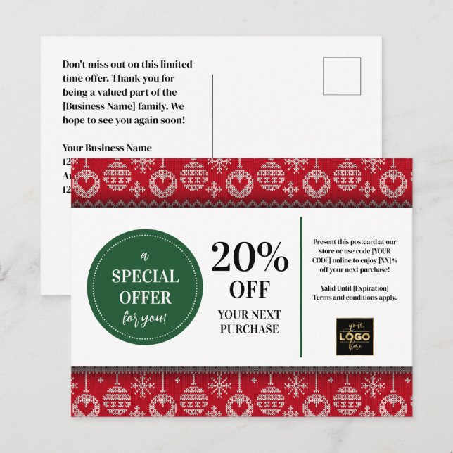 Red Christmas Sweater Custom Coupon Discount  Postcard (Front/Back)