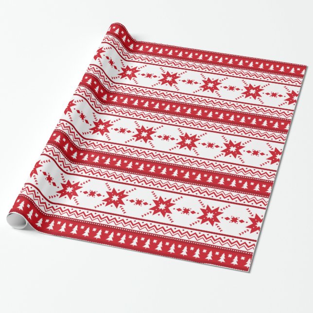 Red Christmas Sweater Inspired Pattern Wrapping Paper (Unrolled)