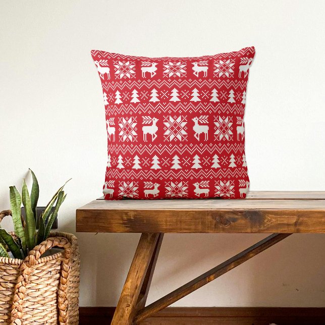 Red Christmas Sweater Reindeer Poinsettias Pattern Throw Pillow (Creator Uploaded)