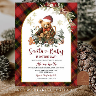 Red Christmas Tartan Cozy Santa Bear Baby Shower Invitation