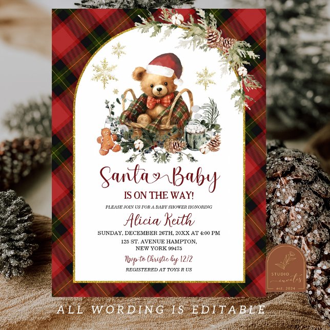 Red Christmas Tartan Cozy Santa Bear Baby Shower Invitation (Creator Uploaded)