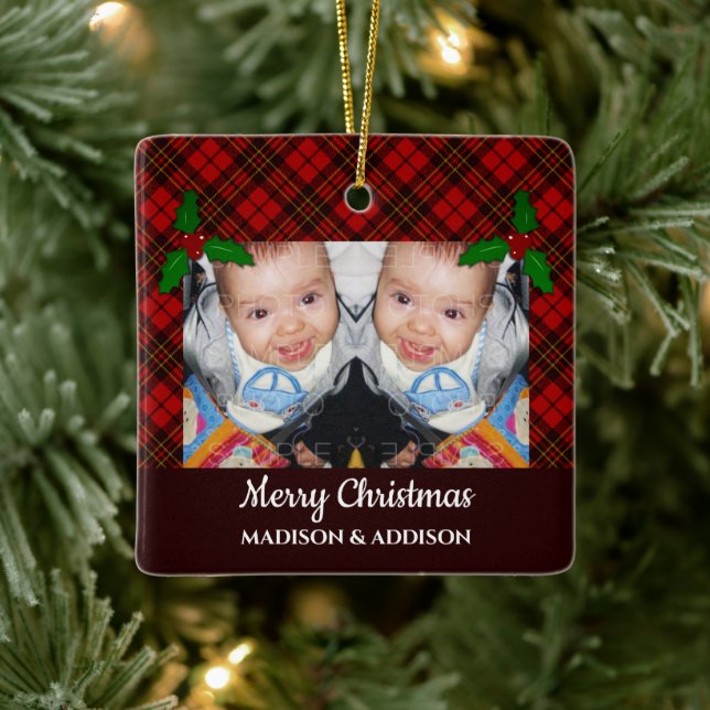 Red Christmas tartan pattern Personalize photo Ceramic Ornament (Tree)