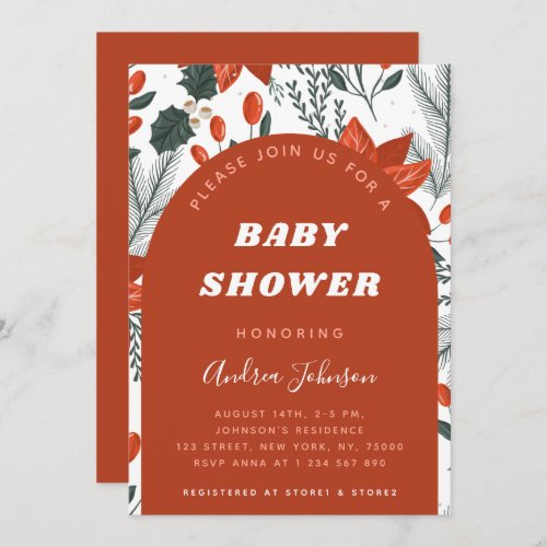 Red Christmas Theme Floral Fruit Berry Baby Shower Invitation