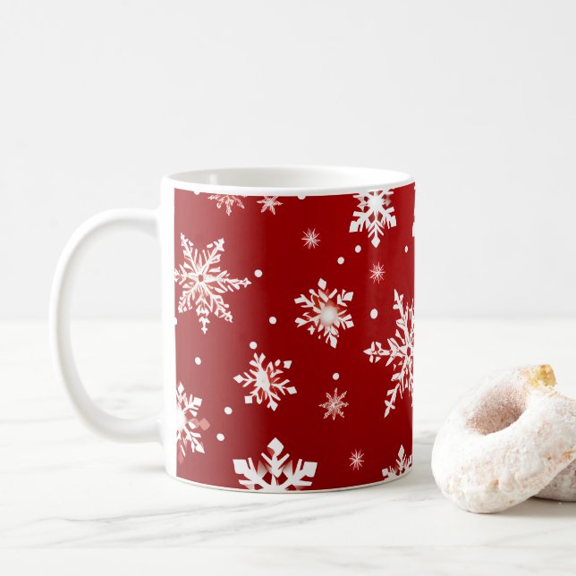 Red Christmas themed design with snowflakes Coffee Mug (With Donut)
