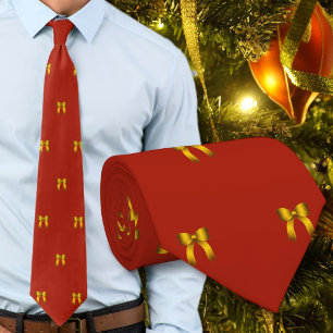 Red Christmas Tie Tiny Gold Bows Pattern