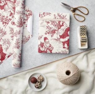 Red Christmas Toile Santa And Trees Wrapping Paper