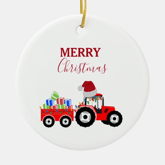 Red Christmas Tractor Truck Farm Ceramic Ornament (Front)