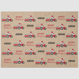 Red Christmas Tractor Truck Farm Custom Name Kraft Tissue Paper