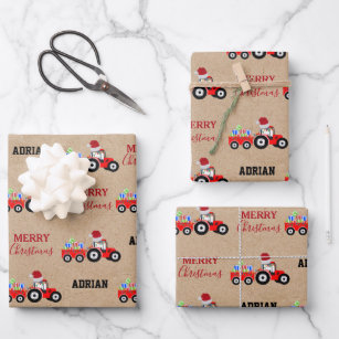 Tractor Christmas Name Wrapping Paper, Personalized Farm Gift Wrap