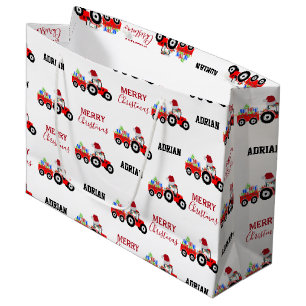 Red Christmas Tractor Truck Farm Custom Name  Large Gift Bag