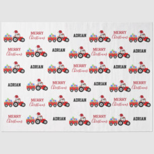 Red Christmas Tractor Truck Farm Custom Name Tissue Paper