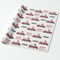Red Christmas Tractor Truck Farm Custom Name Wrapping Paper