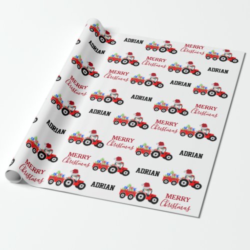 Red Christmas Tractor Truck Farm Custom Name Wrapping Paper