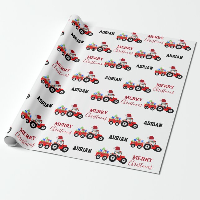 Red Christmas Tractor Truck Farm Custom Name Wrapping Paper (Unrolled)