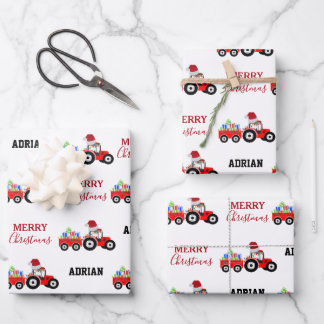 Red Christmas Tractor Truck Farm Custom Name  Wrapping Paper Sheets