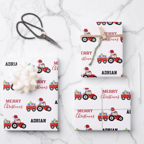 Red Christmas Tractor Truck Farm Custom Name  Wrapping Paper Sheets