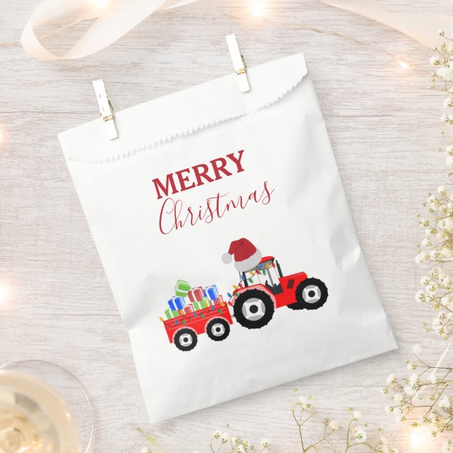 Red Christmas Tractor Truck Farm Favor Bag (Clipped)