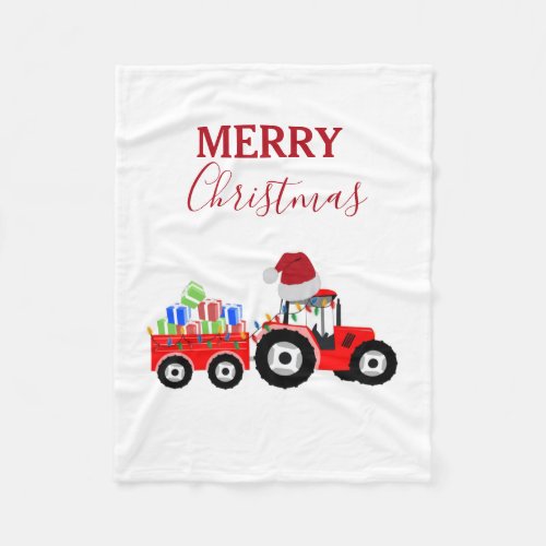 Red Christmas Tractor Truck Farm  Fleece Blanket