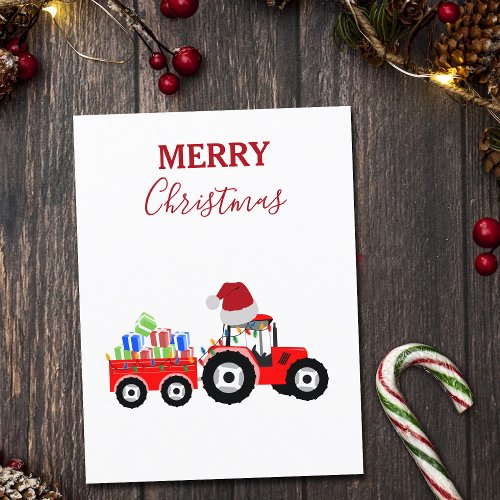 Red Christmas Tractor Truck Farm Holiday Postcard