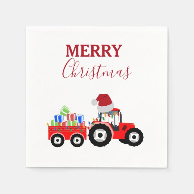 Red Christmas Tractor Truck Farm Napkins (Front)
