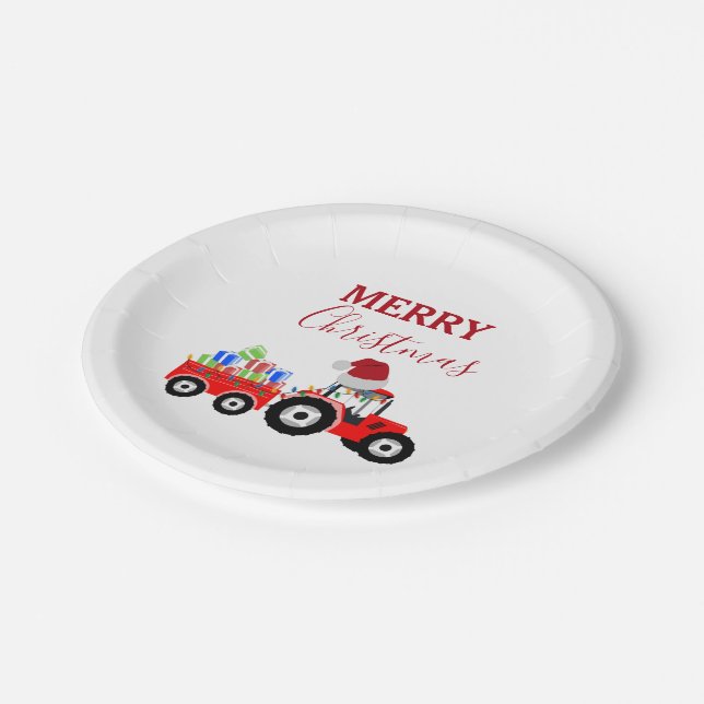 Red Christmas Tractor Truck Farm Paper Plates (Angled)