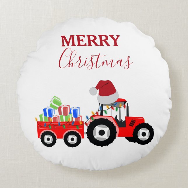 Red Christmas Tractor Truck Farm Round Pillow (Front)