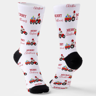 Red Christmas Tractor Truck Farm   Socks