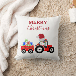 Red Christmas Tractor Truck Farm  Throw Pillow